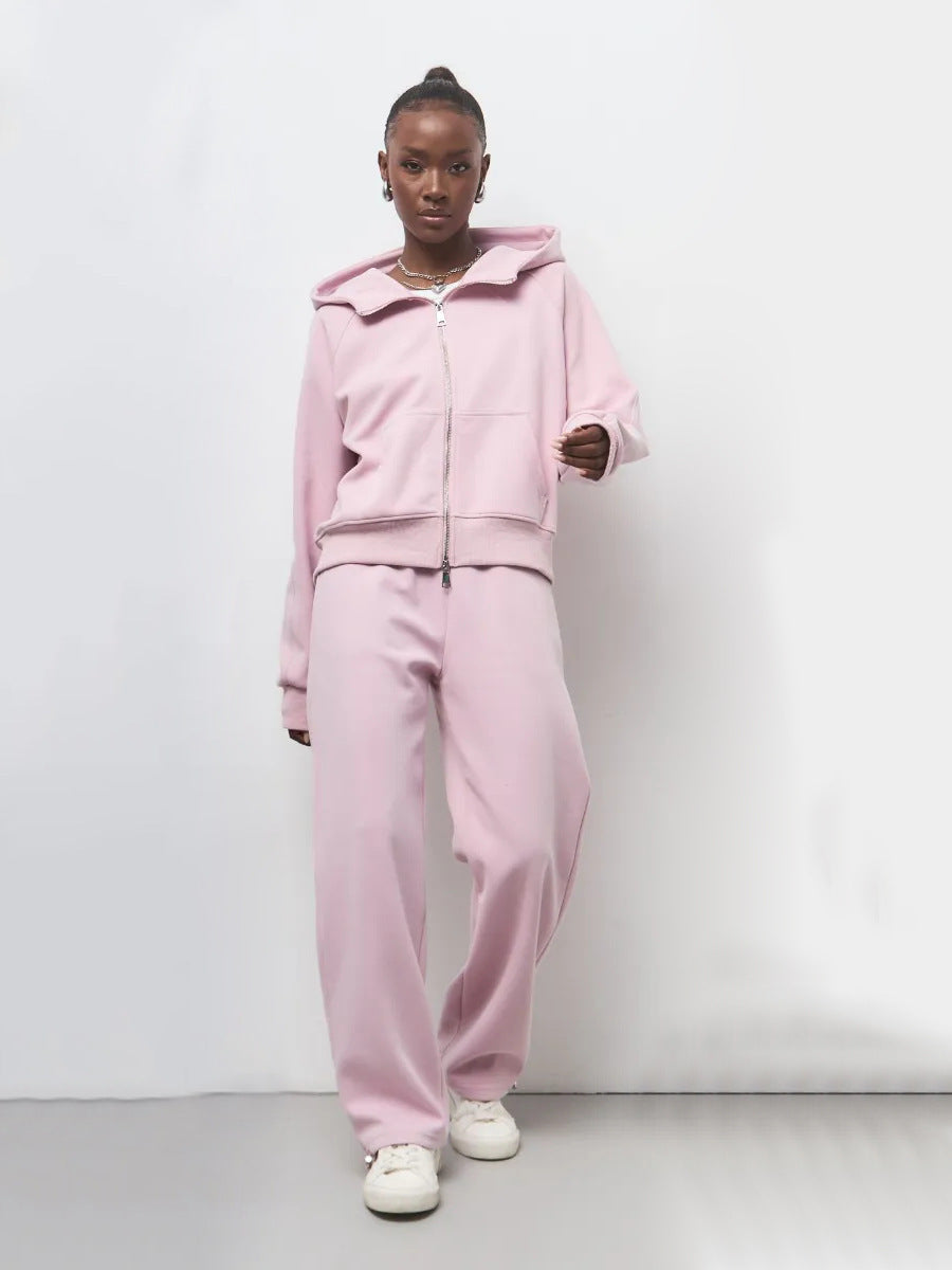 Damen entspanntes Fleece-Zweiteiler Set mit Raglan-Kapuzenjacke, durchgehendem Reißverschluss und gerader Relax-Jogginghose Drune