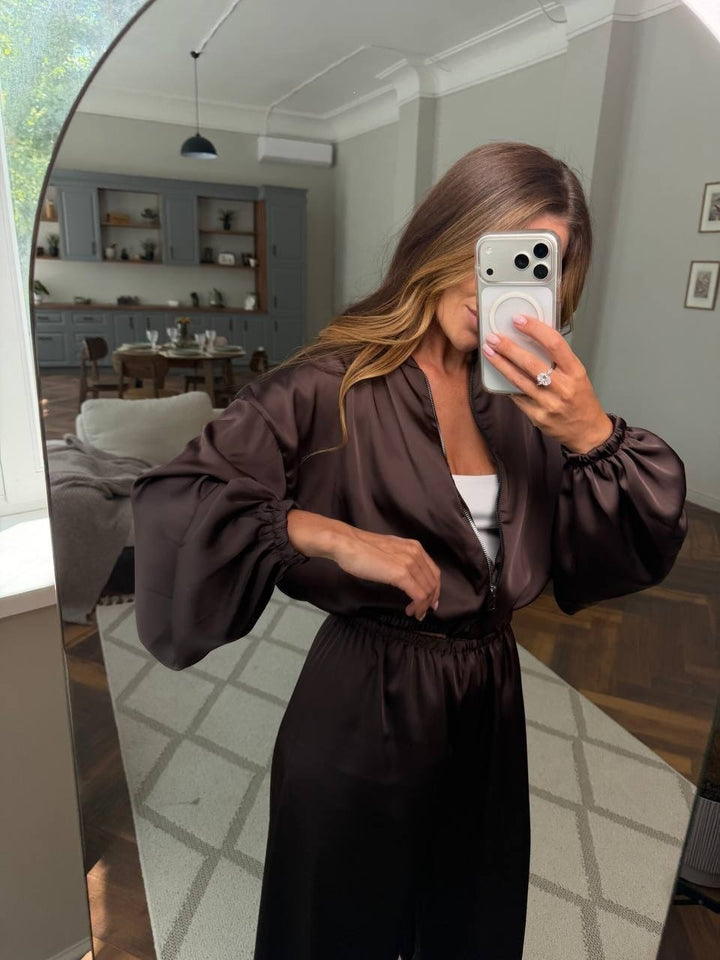Damen Satin-Loungewear-Set mit kurzer Bomberjacke, Ballonärmeln und weitem Hosenbein Drune