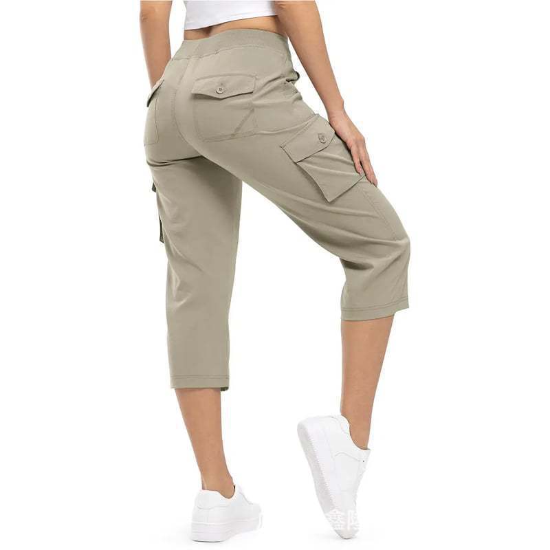 Damen Capri Cargo-Hosen in Bermuda-Länge mit hoher Taille und aufgesetzten Klappentaschen Drune