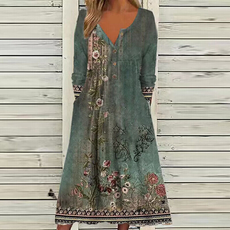 Damen Maxikleid mit floralem Print und Knopfleiste Drune