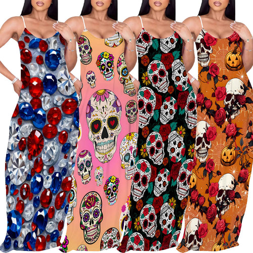 Damen Maxikleid mit künstlerischem Halloween-Motiv und umwerfendem Rosenprint Drune