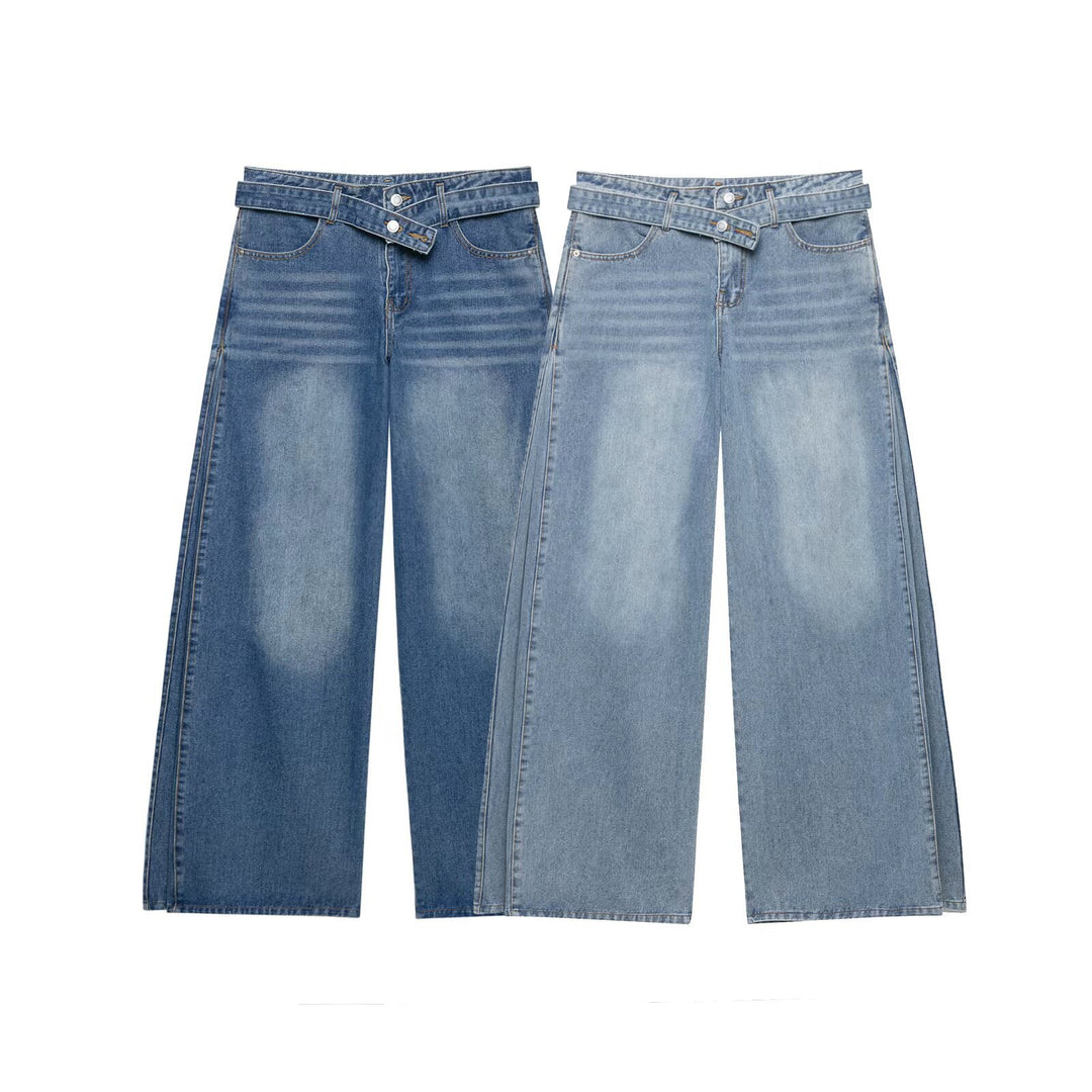 Damen Hochtaillierte weitgeschnittene Jeans mit integriertem Gürtel und seitlichen Steppnähten Drune