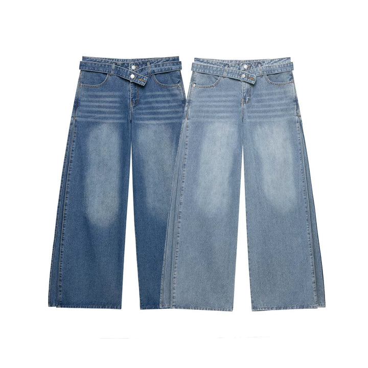 Damen Hochtaillierte weitgeschnittene Jeans mit integriertem Gürtel und seitlichen Steppnähten Drune