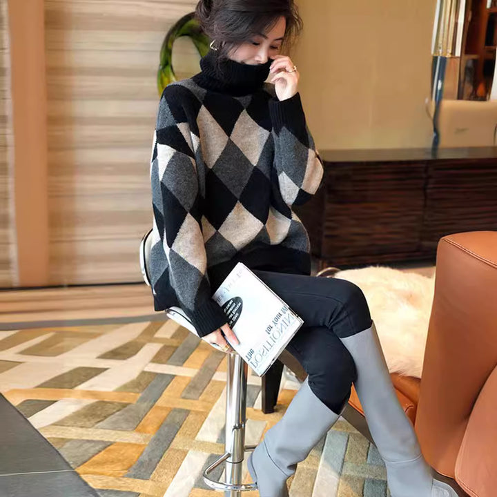 Damen Gemusterter Pullover mit hohem Kragen Drune