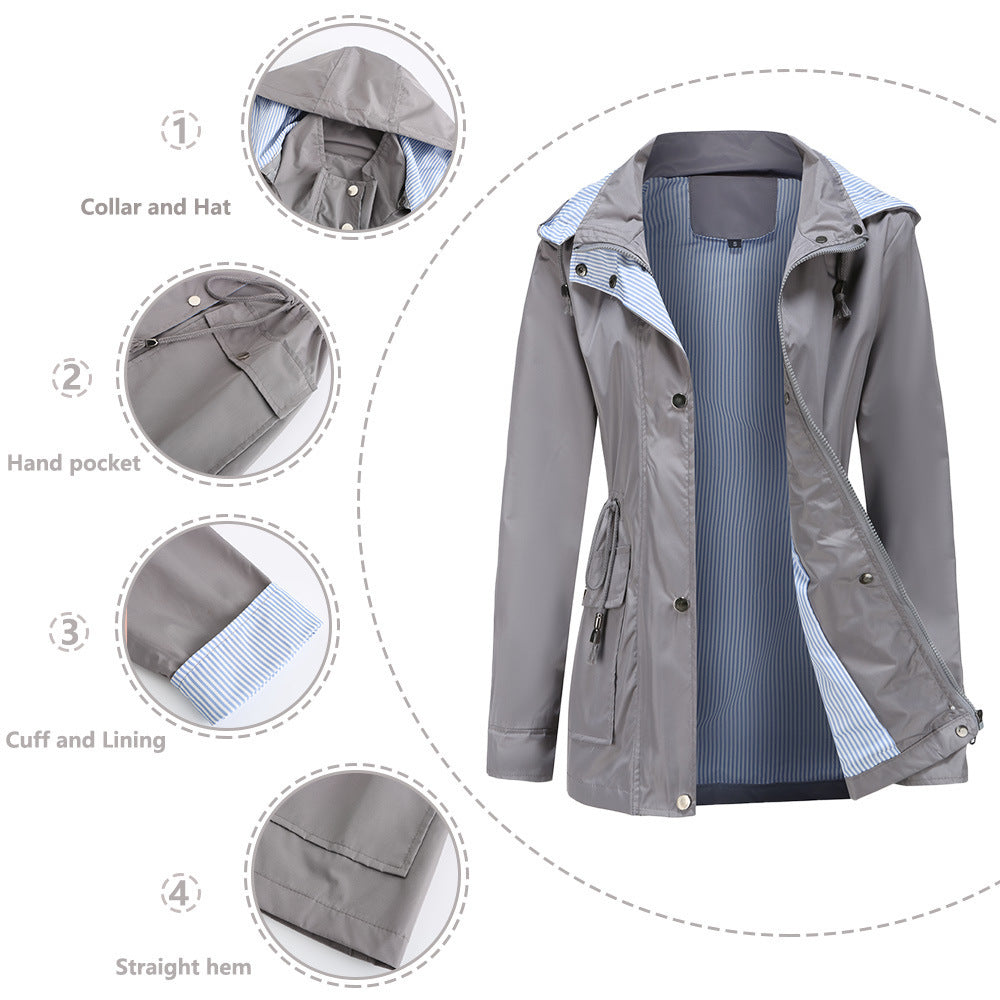 Damen Wetterfeste Regenjacke mit verstellbarem Kapuzenkragen und Taillenzug Drune