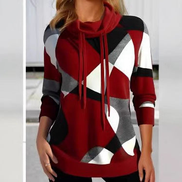 Damen Geometrischer Kapuzenpullover mit Kordelzug, Longline-Schnitt und Seitentaschen Drune