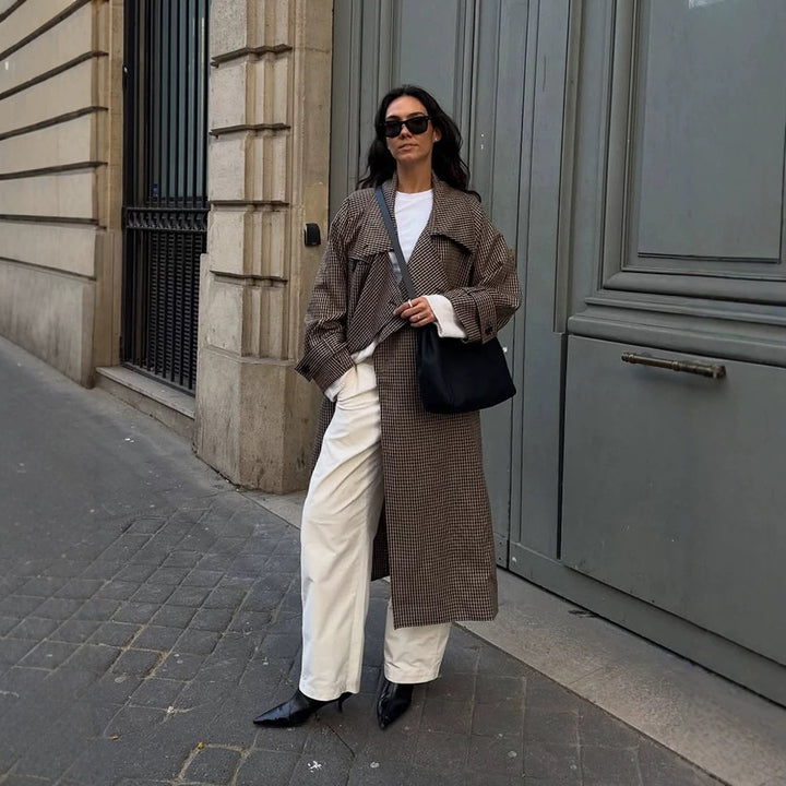 Damen Oversize Mantel im Glencheck mit weitem Revers und fallender Schulterpartie Drune