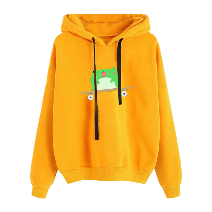 Damen nan kurz geschnittener Cropped-Kapuzenpullover mit niedlicher Frosch-Illustration und verstellbarer Kapuze Drune