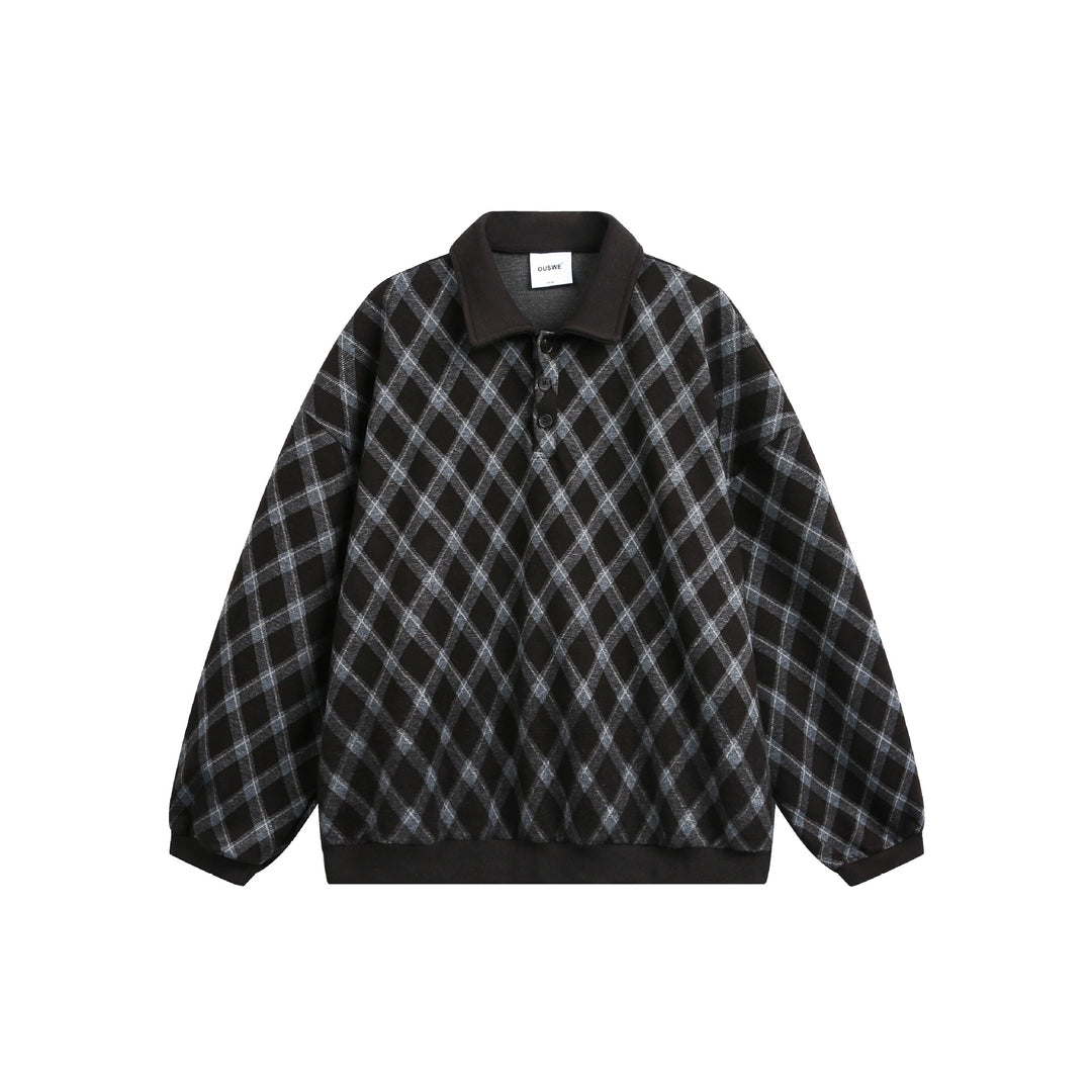 Damen Karierter Oversize‑Polo‑Pullover mit Halbknopfleiste und Rippbündchen Drune