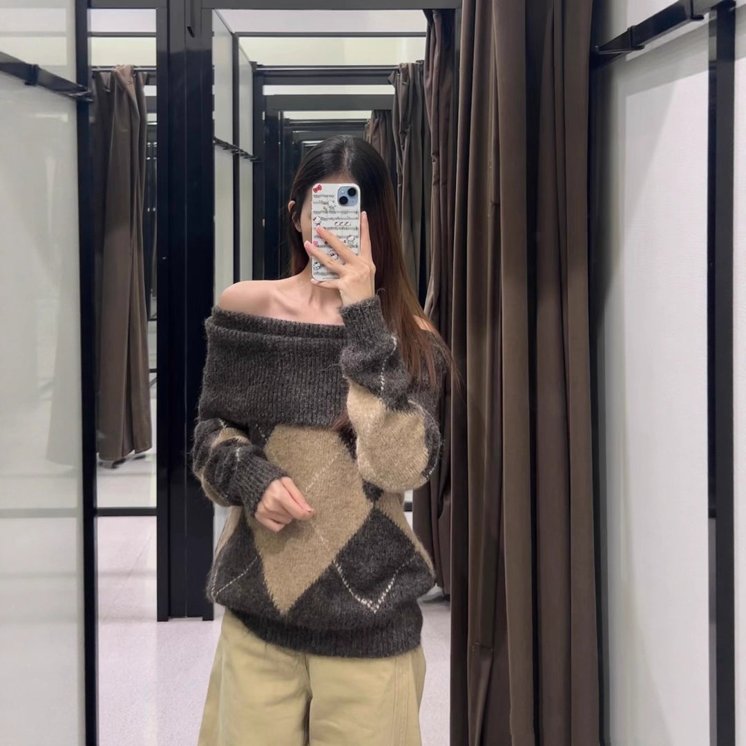 Damen Grobstrickpullover mit diamantförmigem Muster Drune