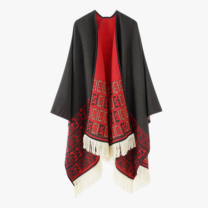 Damen Reversibler Capeponcho mit Monogramm‑Bordüre und Fransensaum Drune