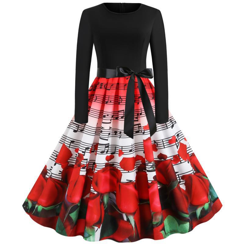 Damen tailliertes A-Linien Kleid mit Noten- und Rosenprint Langarm und Taillenschleife Drune