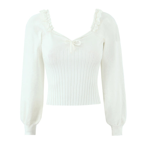 Damen Cropped-Feinstrickpullover mit taillierter Rippenstruktur, V-Ausschnitt, Rüschenbesatz und Ballonärmeln Drune