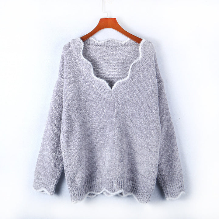 Damen lässiger Strickpullover mit V-Ausschnitt und strukturiertem Gewebe Drune