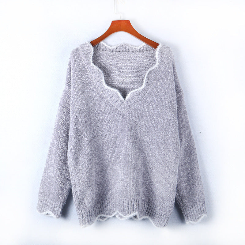 Damen lässiger Strickpullover mit weitem V-Ausschnitt und asymmetrischem Saum Drune