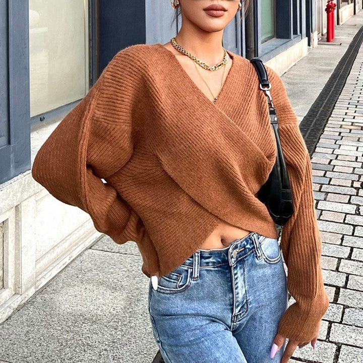 Damen stilvoller Wickelpullover mit innovativem Schnitt und breiten Ärmeln Drune