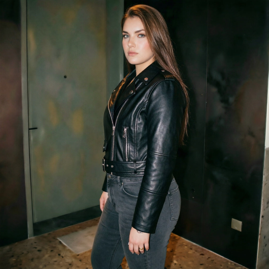 Damen Modische Bikerjacke mit Gürtel Drune