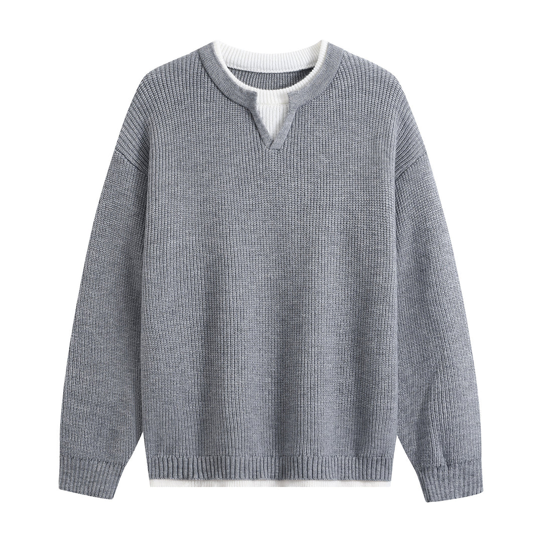 Herren Oversize-Strukturstrick-Pullover mit V‑Einsatz am Rundhals Drune