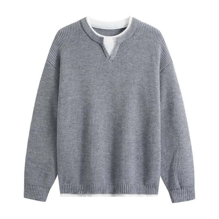 Herren Oversize-Strukturstrick-Pullover mit V‑Einsatz am Rundhals Drune