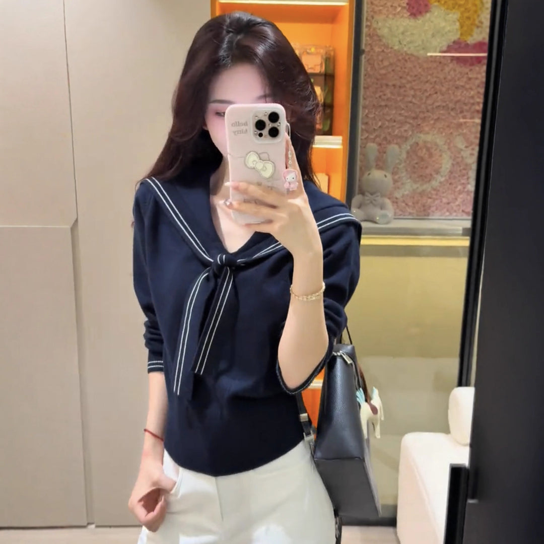 Damen Pullover mit schickem Schleifenkragen und feinem Strick Drune