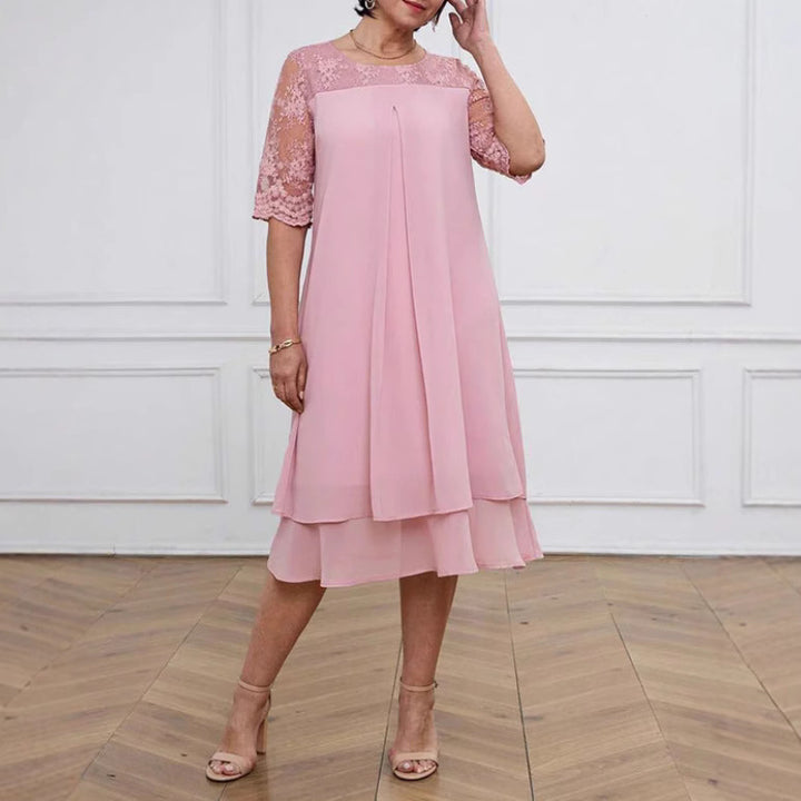 Damen nan A-Linien-Chiffonkleid mit floral bestickter Spitzenpasse, verdeckter Mittelnahtfalte und mehrlagigem Volant Drune