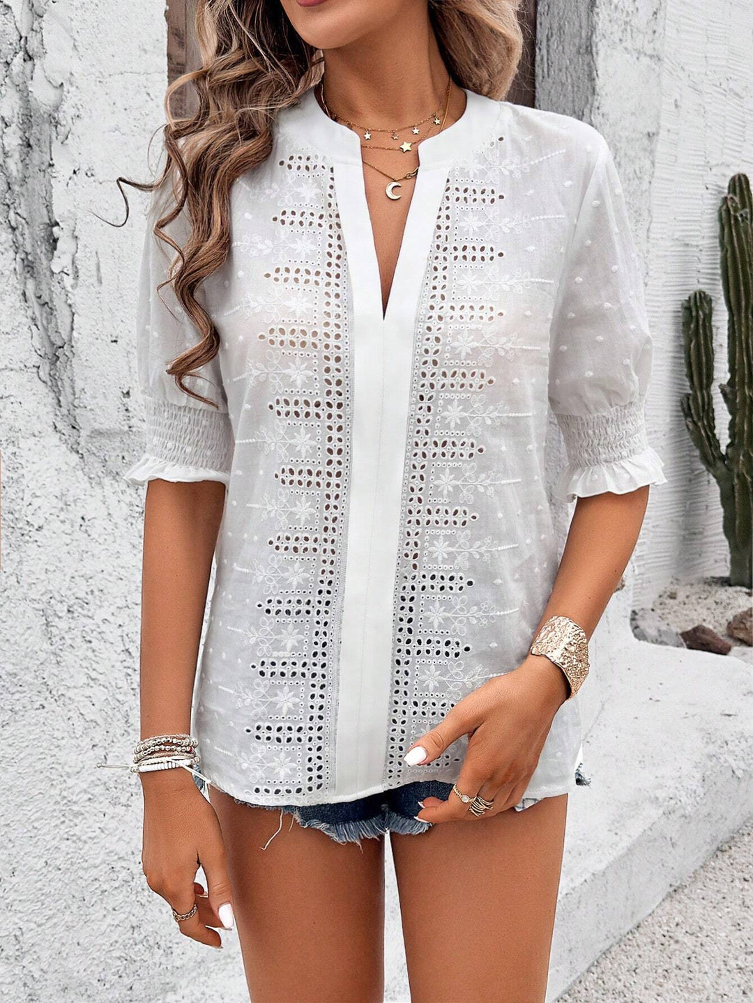 Damen Boho-Tunika mit Broderie-Anglaise und gerafften 3/4-Ärmeln Drune