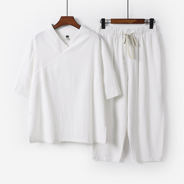 Herren Atmungsaktives Leinen-Baumwoll Lounge-Set mit asymmetrischem V-Kragen und elastischer Kordelhose Drune