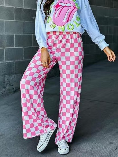 Damen Karierte Palazzo-Hose mit elastischem Bund und praktischen Seitentaschen Drune