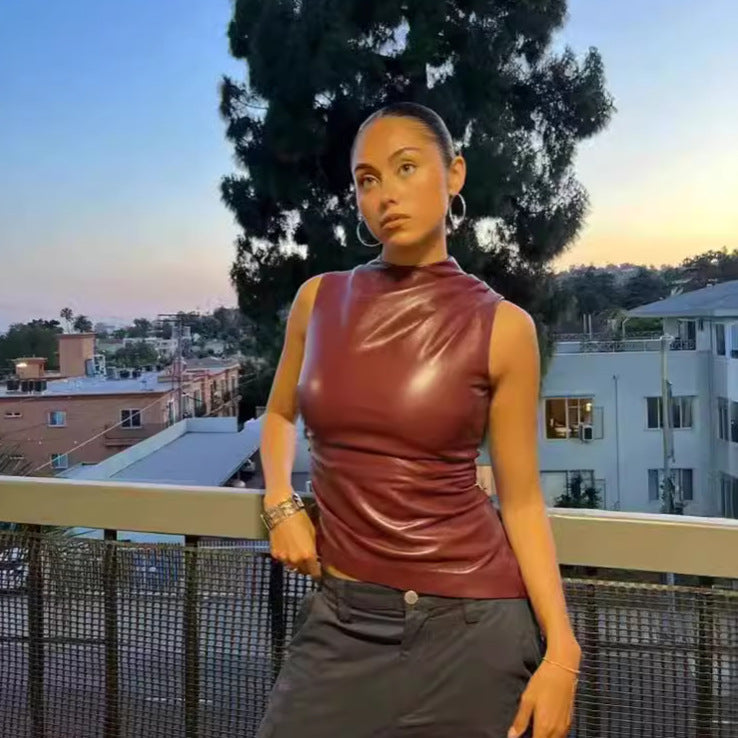 Damen Figurtop aus hochwertigem Kunstleder mit elegantem Stehkragen Drune
