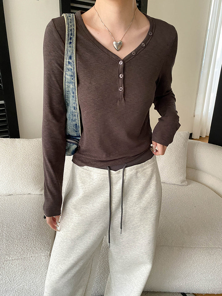 Damen Langarmshirt mit V-Ausschnitt und Knopfleiste Drune