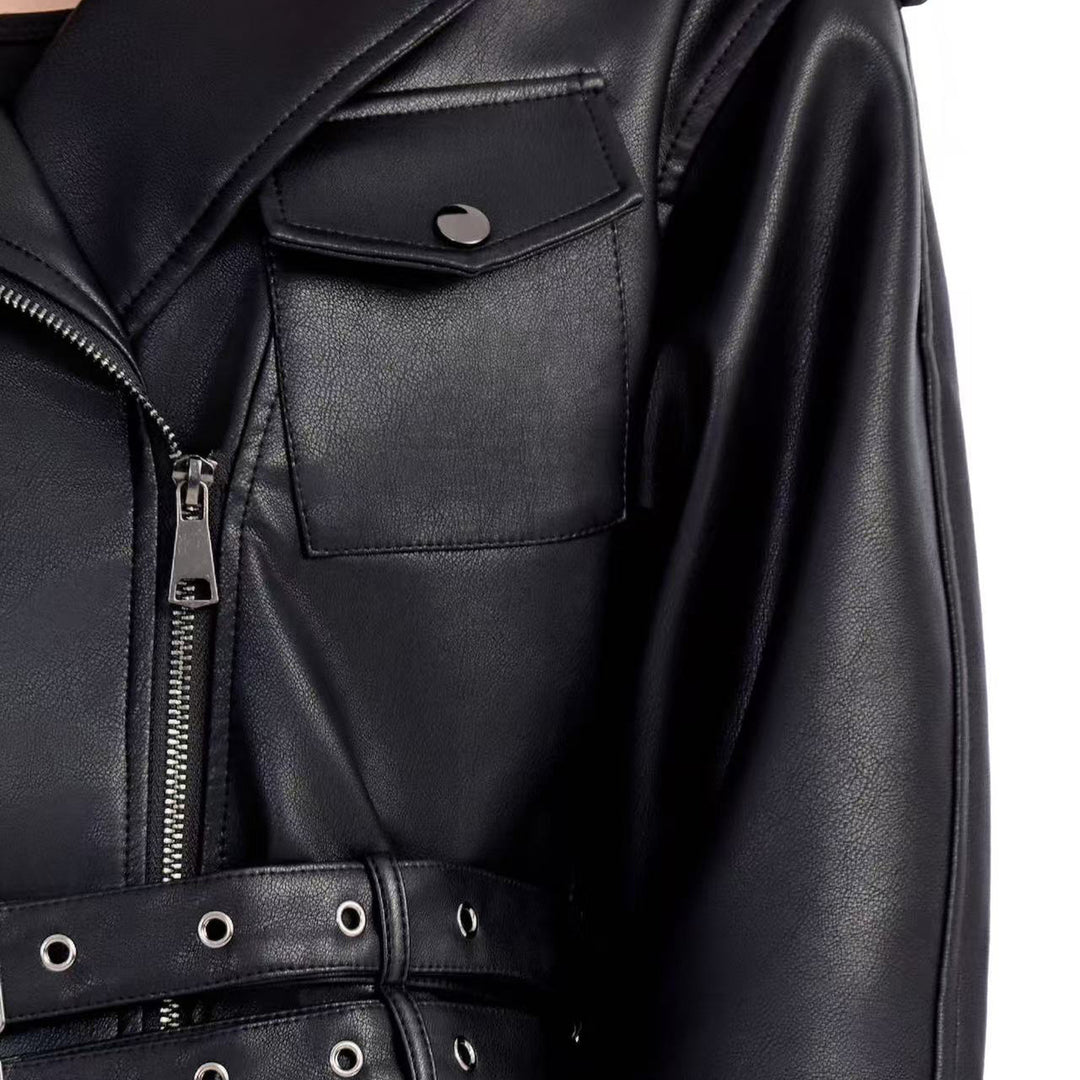 Damen Modische Bikerjacke mit Taillengürtel Drune