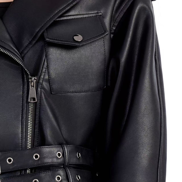 Damen Modische Bikerjacke mit Taillengürtel Drune