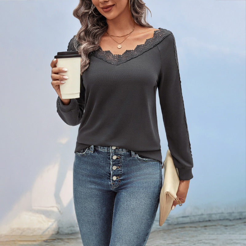Damen Feinstrick-Longsleeve mit Spitzen-V-Ausschnitt und Spitzenbesatz an den Ärmeln Drune