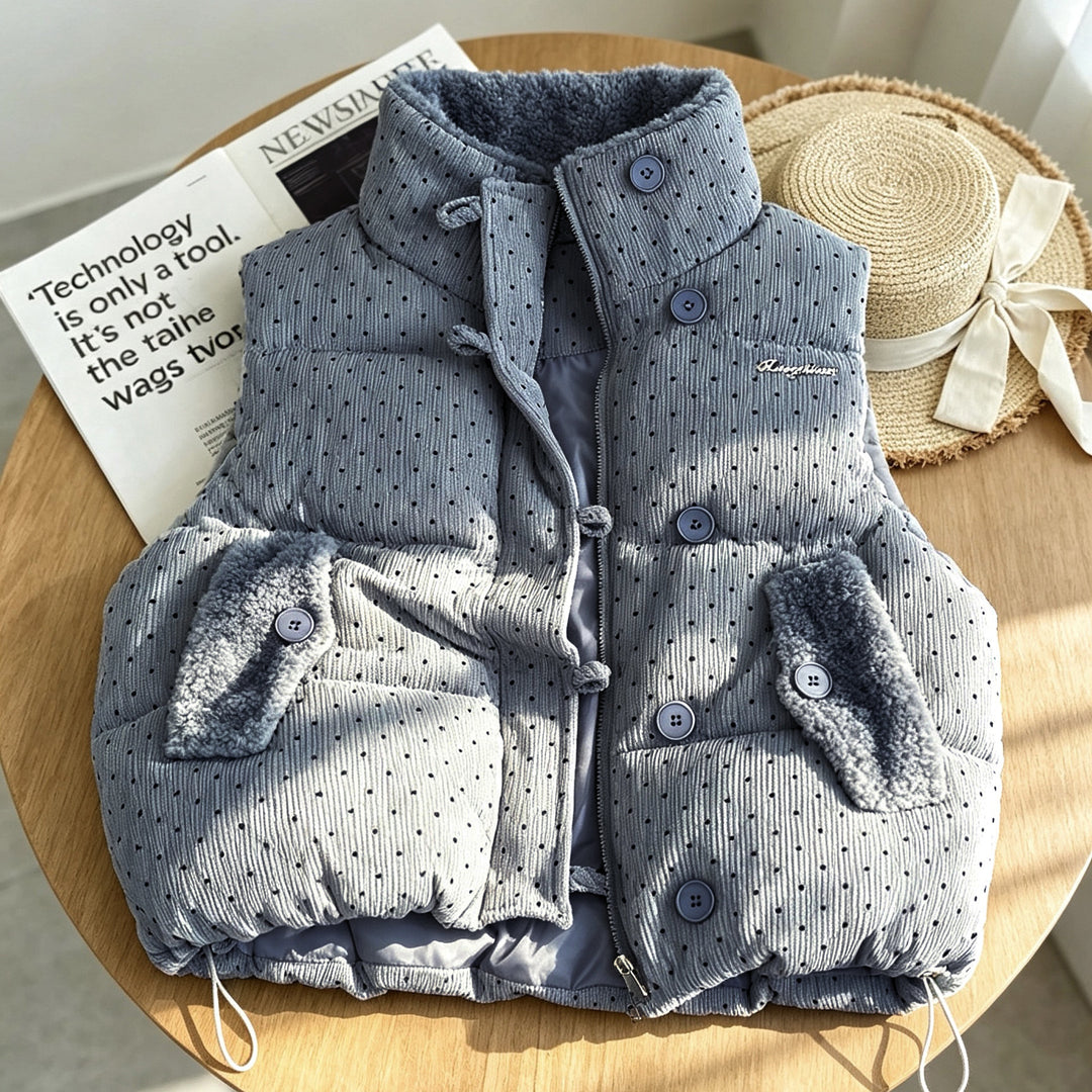 Damen nan wattierte Cord‑Optik Steppweste mit Teddyinnenfutter, Stehkragen und Kordelzugsaum Drune