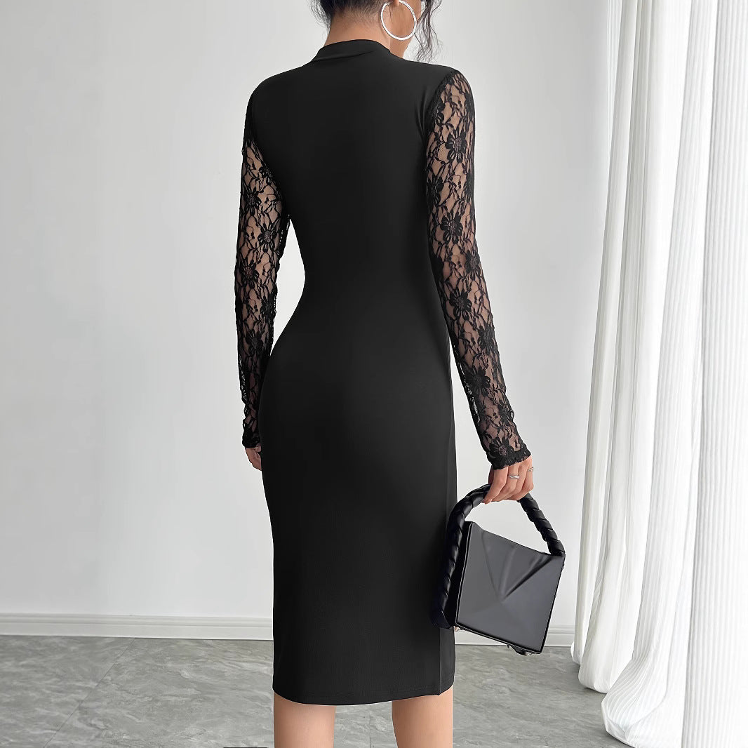 Damen nan elegantes Etuikleid mit Spitzenärmeln, transparentem Tailleneinsatz und hohem Seitenschlitz Drune