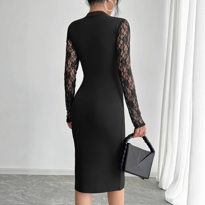 Damen nan elegantes Etuikleid mit Spitzenärmeln, transparentem Tailleneinsatz und hohem Seitenschlitz Drune