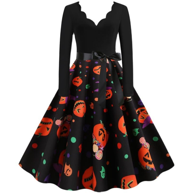 Damen Retro-Festliches Halloween-Kleid mit gewelltem Ausschnitt, taillierter Schnitt und weichem Tellerrock Drune