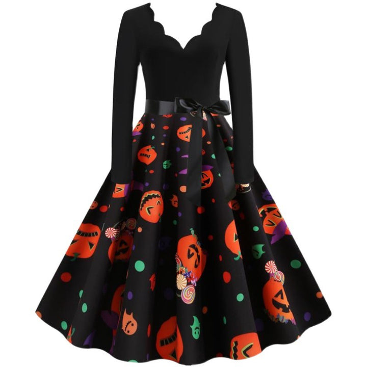 Damen Retro-Festliches Halloween-Kleid mit gewelltem Ausschnitt, taillierter Schnitt und weichem Tellerrock Drune