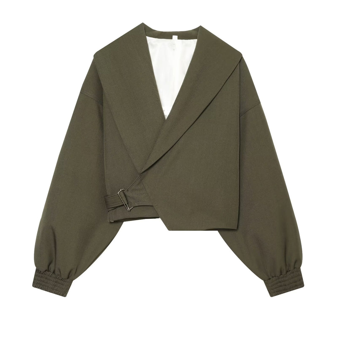 Damen Kurze Wickeljacke mit weitem Schalkragen, taillierendem Schnallenband und Ballonärmeln Drune