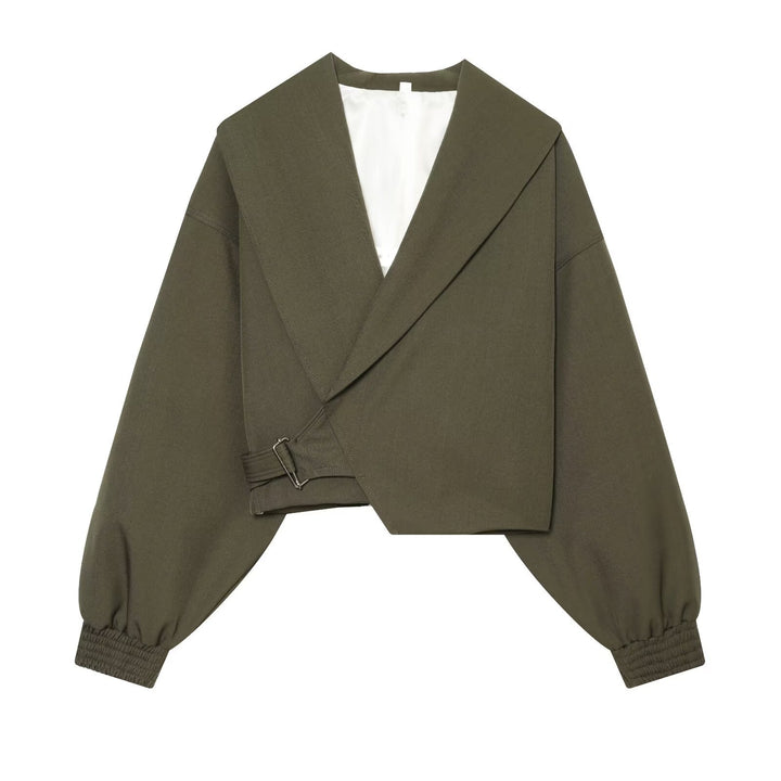 Damen Kurze Wickeljacke mit weitem Schalkragen, taillierendem Schnallenband und Ballonärmeln Drune