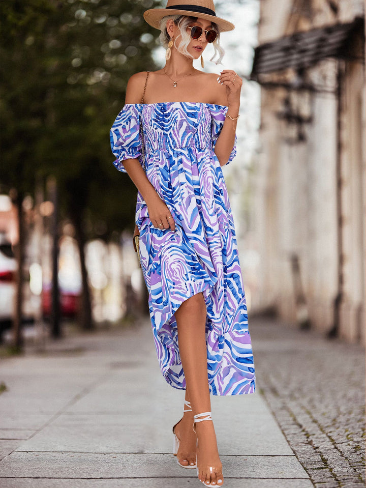 Damen Off-Shoulder Maxikleid mit floralen Akzenten und elastischer Taillierung Drune