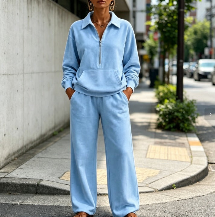 Damen Lässiges Sweat-Set mit Halbzip-Pullover und weiter Jogginghose Drune