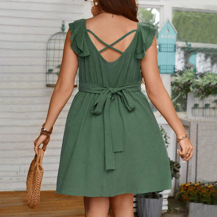 Damen lässiges Sommerkleid mit Rüschenärmel und V-Ausschnitt Drune