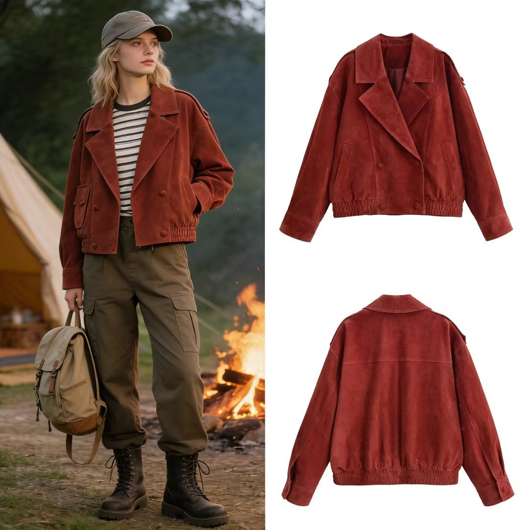 Damen Kurzblouson aus Veloursleder mit oversized Silhouette und doppelreihigem Revers Drune