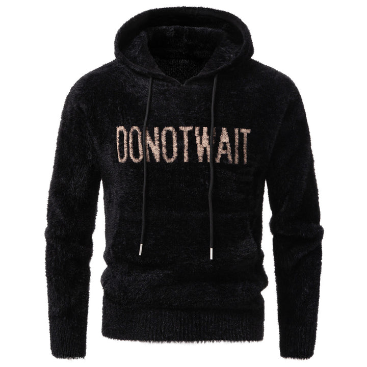 Herren Flauschiger Kapuzenpullover aus Teddy-Fleece mit Statement-Frontprint und Kängurutasche Drune