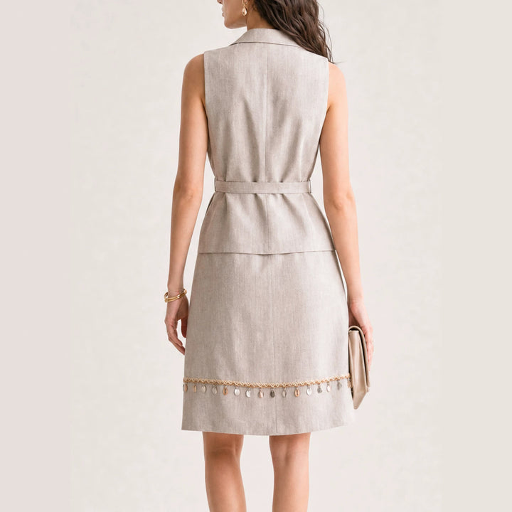 Damen Eleganter Leinenrock mit Zierperlen Drune