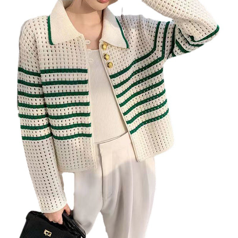 Damen Strickcardigan mit maritimem Streifenmuster und Knopfdetails Drune