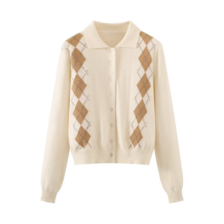 Damen Feinstrick-Cardigan mit Argyle‑Muster, Polokragen und tailliertem Cropped‑Schnitt Drune
