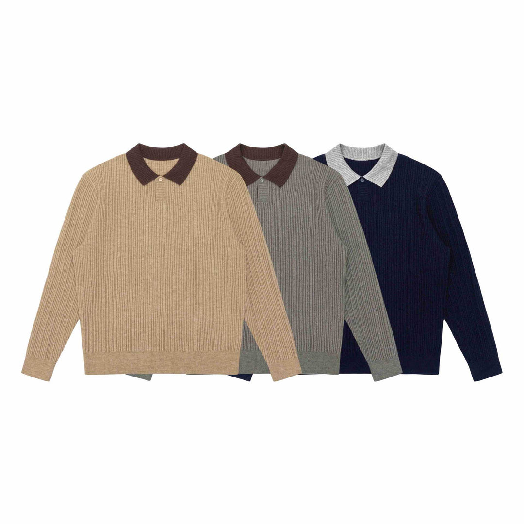 Herren Feinstrukturierter Rippstrick-Polo-Pullover mit Kontrastkragen Drune