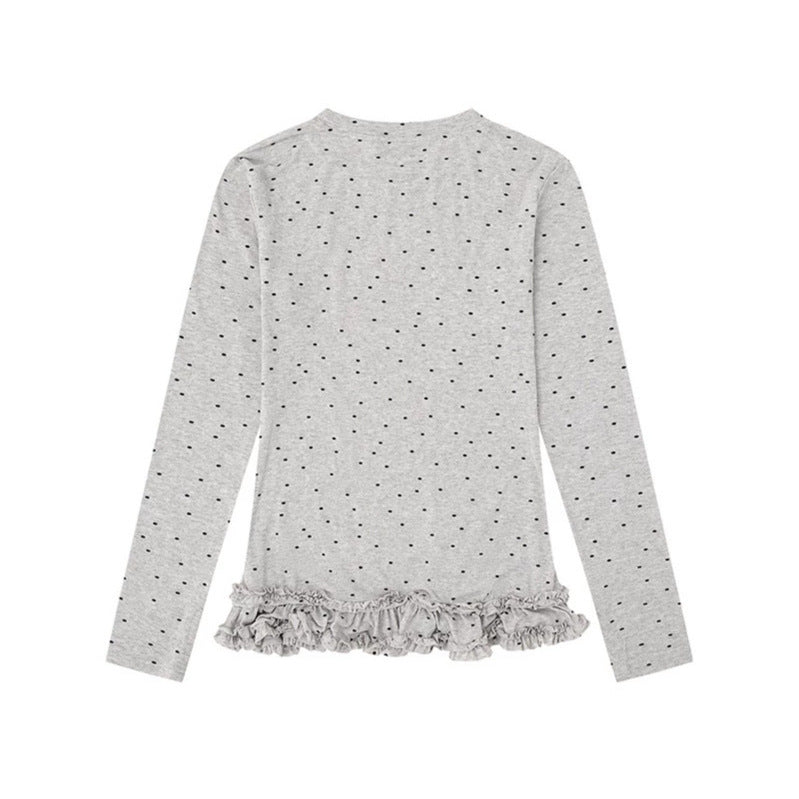Damen Langarmshirt mit Rüschen-Saum und Pünktchen-Allover Drune